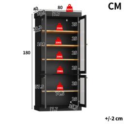 Modern Display Cabinet with Height-Adjustable Shelves, LED Lighted Tall Showcase for Industrial Interiors, 80L x 40W x 180H cm, Black - Aosom UK - thumbnail 3