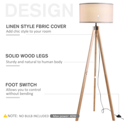 HOMCOM Floor Standing Lamp, Floor Lights with Cylinder Shaped Linen lampshade, Tripod-Style Wooden Base, Brown and Beige - Aosom UK - thumbnail 4