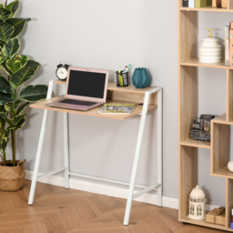 HOMCOM Writing Desk, Computer Table for Home Office, PC Laptop Workstation with Storage Shelf, White and Oak - Aosom UK - thumbnail 2
