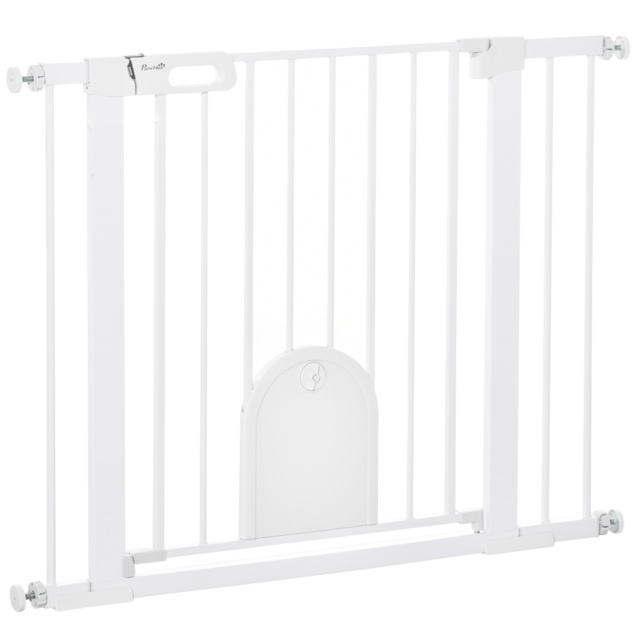 PawHut Dog Gate with Cat Flap Pet Safety Gate Barrier, Stair Pressure Fit, Auto Close, Double Locking, for Doorways, Hallways, 75-103 cm White - image 1