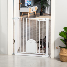 PawHut Dog Gate with Cat Flap Pet Safety Gate Barrier, Stair Pressure Fit, Auto Close, Double Locking, for Doorways, Hallways, 75-103 cm White - thumbnail 9