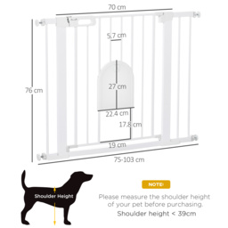 PawHut Dog Gate with Cat Flap Pet Safety Gate Barrier, Stair Pressure Fit, Auto Close, Double Locking, for Doorways, Hallways, 75-103 cm White - thumbnail 3
