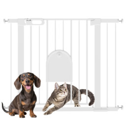 PawHut Dog Gate with Cat Flap Pet Safety Gate Barrier, Stair Pressure Fit, Auto Close, Double Locking, for Doorways, Hallways, 75-103 cm White