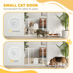 PawHut Dog Gate with Cat Flap Pet Safety Gate Barrier, Stair Pressure Fit, Auto Close, Double Locking, for Doorways, Hallways, 75-103 cm White - thumbnail 6
