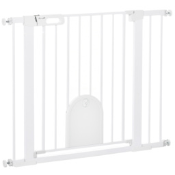 PawHut Dog Gate with Cat Flap Pet Safety Gate Barrier, Stair Pressure Fit, Auto Close, Double Locking, for Doorways, Hallways, 75-103 cm White - thumbnail 1