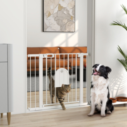 PawHut Dog Gate with Cat Flap Pet Safety Gate Barrier, Stair Pressure Fit, Auto Close, Double Locking, for Doorways, Hallways, 75-103 cm White - thumbnail 2