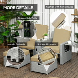 Outsunny 5PC PE Rattan Sun Lounger, Outdoor Wicker 5-level Adjustable Recliner Sofa Bed with Storage Side Table Footstools, for Patio, Garden, Beige - thumbnail 7