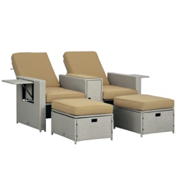 Outsunny 5PC PE Rattan Sun Lounger, Outdoor Wicker 5-level Adjustable Recliner Sofa Bed with Storage Side Table Footstools, for Patio, Garden, Beige