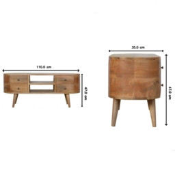 Solid 100% Mango Wood Rounded Entertainment Unit with 4 Drawers and 2 Open Shelves, Table with Slim Nordic Legs, 35L x 110W x 47H cm, Brown - Aosom UK - thumbnail 3