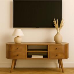 Solid 100% Mango Wood Rounded Entertainment Unit with 4 Drawers and 2 Open Shelves, Table with Slim Nordic Legs, 35L x 110W x 47H cm, Brown - Aosom UK