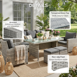Outsunny 7-Seater Rattan Dining Set Sofa Table Garden Rattan Furniture Footstool Outdoor w/ Cushion, Grey - Aosom UK - thumbnail 6