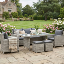 Outsunny 7-Seater Rattan Dining Set Sofa Table Garden Rattan Furniture Footstool Outdoor w/ Cushion, Grey - Aosom UK - thumbnail 2