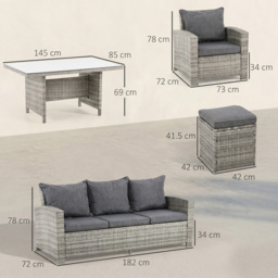 Outsunny 7-Seater Rattan Dining Set Sofa Table Garden Rattan Furniture Footstool Outdoor w/ Cushion, Grey - Aosom UK - thumbnail 3