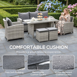 Outsunny 7-Seater Rattan Dining Set Sofa Table Garden Rattan Furniture Footstool Outdoor w/ Cushion, Grey - Aosom UK - thumbnail 5