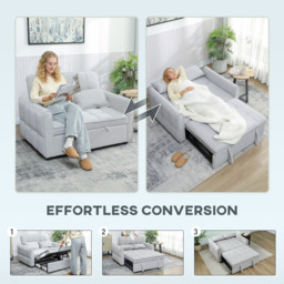 HOMCOM 2 Seater Sofa Bed, 3-in-1 Convertible Sleeper Sofa with Click-clack Adjustable Backrest and 2 Pillows, Light Grey - thumbnail 4