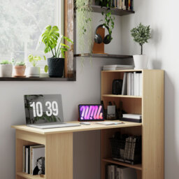 HOMCOM 120cm Modern Computer Desk Bookshelf Study Table Workstation PC Laptop Writing Home Office 6 Shelves, Natural Wood Finish - thumbnail 8