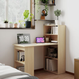 HOMCOM 120cm Modern Computer Desk Bookshelf Study Table Workstation PC Laptop Writing Home Office 6 Shelves, Natural Wood Finish - thumbnail 2