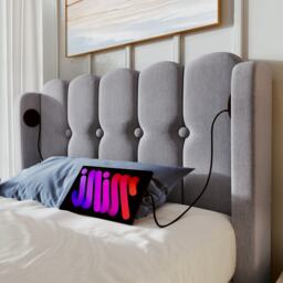 Upholstered Single Bed with USB Type-C Charging Ports, Linen Fabric, Teenager Bed for Bedroom, Guest Room, 197L x 103W x 103H cm, Grey - Aosom UK - thumbnail 9