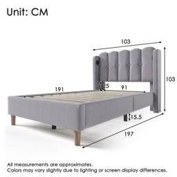 Upholstered Single Bed with USB Type-C Charging Ports, Linen Fabric, Teenager Bed for Bedroom, Guest Room, 197L x 103W x 103H cm, Grey - Aosom UK - thumbnail 3