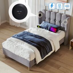 Upholstered Single Bed with USB Type-C Charging Ports, Linen Fabric, Teenager Bed for Bedroom, Guest Room, 197L x 103W x 103H cm, Grey - Aosom UK - thumbnail 5