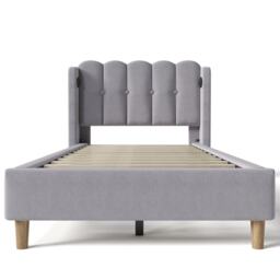 Upholstered Single Bed with USB Type-C Charging Ports, Linen Fabric, Teenager Bed for Bedroom, Guest Room, 197L x 103W x 103H cm, Grey - Aosom UK - thumbnail 2