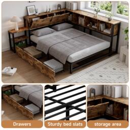 Classic Double Bed with 2 Underbed Drawers, Sturdy Storage Bed with Built‑In Bedside Storage, 200L x 136.5W x 85H cm, Rustic Brown - Aosom UK - thumbnail 4