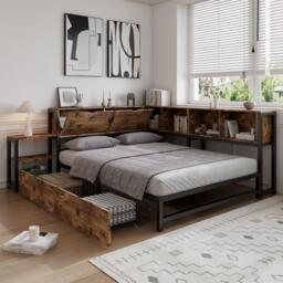 Classic Double Bed with 2 Underbed Drawers, Sturdy Storage Bed with Built‑In Bedside Storage, 200L x 136.5W x 85H cm, Rustic Brown - Aosom UK - thumbnail 7