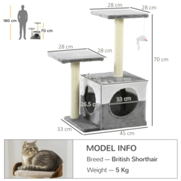 PawHut Deluxe Cat Climber: Sisal Scratching Posts, Cosy Condo, Elevated Perches & Playful Mouse, Sleek Grey - Aosom UK - thumbnail 3