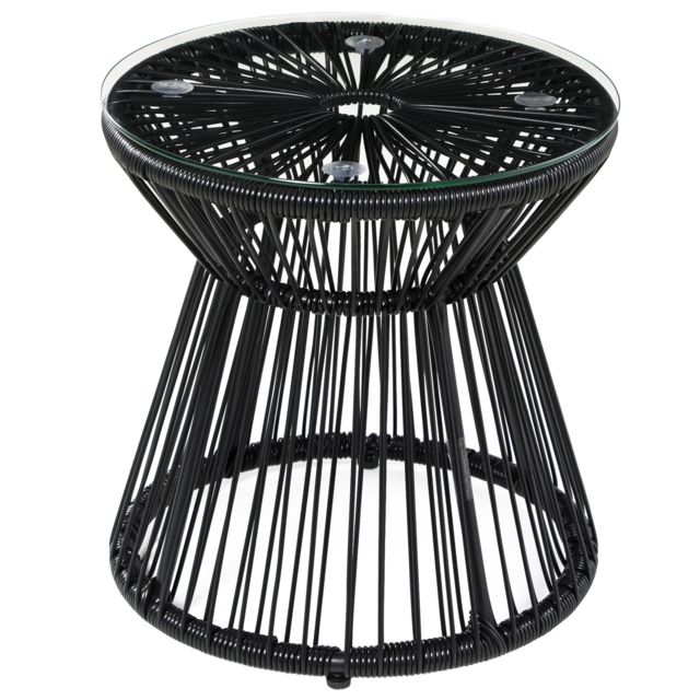 Outsunny Round End Table, Rattan Side Table, Hollow Drum Design Coffee Table w/ Glass Tabletop for Patio, Garden, Balcony Black - image 1