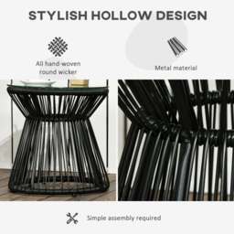 Outsunny Round End Table, Rattan Side Table, Hollow Drum Design Coffee Table w/ Glass Tabletop for Patio, Garden, Balcony Black - thumbnail 5