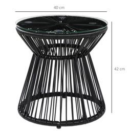 Outsunny Round End Table, Rattan Side Table, Hollow Drum Design Coffee Table w/ Glass Tabletop for Patio, Garden, Balcony Black - thumbnail 3