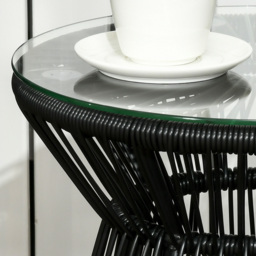 Outsunny Round End Table, Rattan Side Table, Hollow Drum Design Coffee Table w/ Glass Tabletop for Patio, Garden, Balcony Black - thumbnail 7