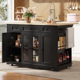 Stylish Kitchen Island with Foldable Worktop and Dining Extension, Space-Saving Dining Cart for Cosy Flats, 151.5L x 60W x 91.5H cm, Black - Aosom UK - thumbnail 1