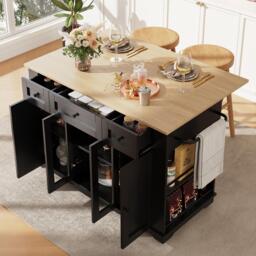 Stylish Kitchen Island with Foldable Worktop and Dining Extension, Space-Saving Dining Cart for Cosy Flats, 151.5L x 60W x 91.5H cm, Black - Aosom UK - thumbnail 8