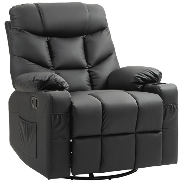 HOMCOM Manual Reclining Chair, Recliner Armchair with Swivel, Faux Leather, Footrest, Cup Holders, 86x93x102cm, Black - Aosom UK - image 1