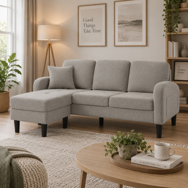 3-seater L-shaped Corner Sofa with Reversible Chaise and Soft Padded Seats, Sofa Bed with Plastic Legs, 166L x 118W x 77H cm, Gray - Aosom UK - image 1