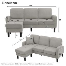3-seater L-shaped Corner Sofa with Reversible Chaise and Soft Padded Seats, Sofa Bed with Plastic Legs, 166L x 118W x 77H cm, Gray - Aosom UK - thumbnail 3