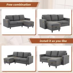 L-Shaped Corner Sofa with Hidden Storage and Side Pockets, Reversible Sectional Couch with Sturdy Wooden Frame, 180L x 120W x 72H cm, Gray - Aosom UK - thumbnail 6