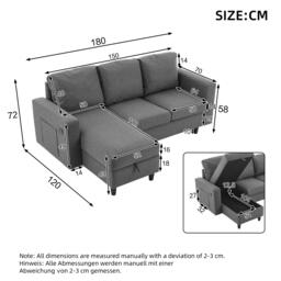 L-Shaped Corner Sofa with Hidden Storage and Side Pockets, Reversible Sectional Couch with Sturdy Wooden Frame, 180L x 120W x 72H cm, Gray - Aosom UK - thumbnail 3