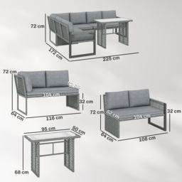 Outsunny 6 Seater Rattan Garden Furniture Set with 3 Loveseats, Table, Patio Rattan Furniture Corner Sofa Set, Grey - thumbnail 3