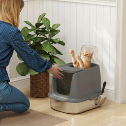 PawHut Large Stainless Steel Litter Box, Enclosed Metal Cat Litter Tray with Scoop, Deodoriser Bag, Front-Entry and Top-Exit - thumbnail 8