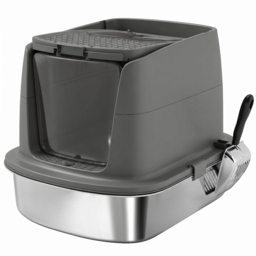 PawHut Large Stainless Steel Litter Box, Enclosed Metal Cat Litter Tray with Scoop, Deodoriser Bag, Front-Entry and Top-Exit - thumbnail 1