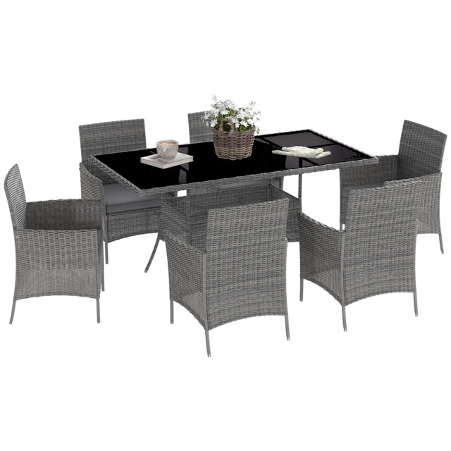 Outsunny 7-Piece Rattan Garden Furniture Set with Cushions, 6 Seater Garden Table and Chairs with 6 Armchairs, Glass Top Table, Charcoal Grey - image 1