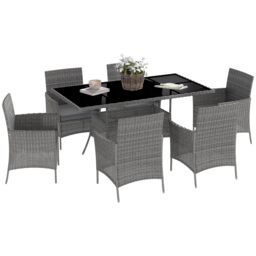 Outsunny 7-Piece Rattan Garden Furniture Set with Cushions, 6 Seater Garden Table and Chairs with 6 Armchairs, Glass Top Table, Charcoal Grey - thumbnail 1