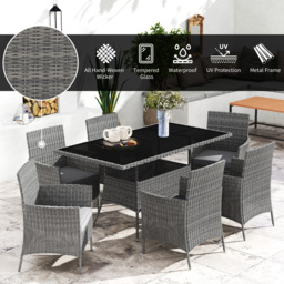 Outsunny 7-Piece Rattan Garden Furniture Set with Cushions, 6 Seater Garden Table and Chairs with 6 Armchairs, Glass Top Table, Charcoal Grey - thumbnail 4