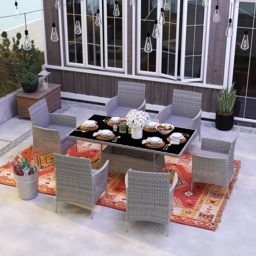 Outsunny 7-Piece Rattan Garden Furniture Set with Cushions, 6 Seater Garden Table and Chairs with 6 Armchairs, Glass Top Table, Charcoal Grey - thumbnail 2