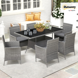 Outsunny 7-Piece Rattan Garden Furniture Set with Cushions, 6 Seater Garden Table and Chairs with 6 Armchairs, Glass Top Table, Charcoal Grey - thumbnail 9