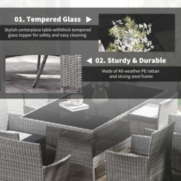 Outsunny 7-Piece Rattan Garden Furniture Set with Cushions, 6 Seater Garden Table and Chairs with 6 Armchairs, Glass Top Table, Charcoal Grey - thumbnail 6