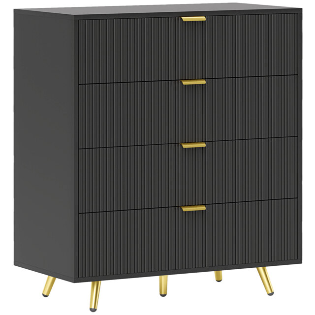 HOMCOM Bedroom Chest of Drawers with 4 Drawers, Fluted Dresser with Gold Tone Handles, Storage Cabinet for Bedroom, Living Room, Hallway, Entryway, Black - image 1