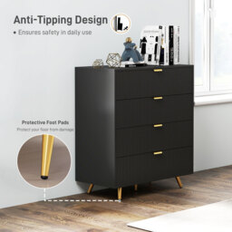 HOMCOM Bedroom Chest of Drawers with 4 Drawers, Fluted Dresser with Gold Tone Handles, Storage Cabinet for Bedroom, Living Room, Hallway, Entryway, Black - thumbnail 6